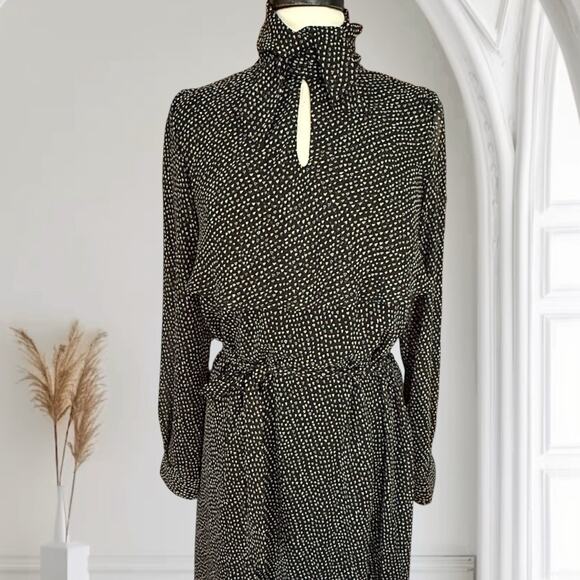 Lise Charmel France Rare Maxi Dress Modest Sz S Long Sleeves Black Tiny Print - Picture 5 of 16